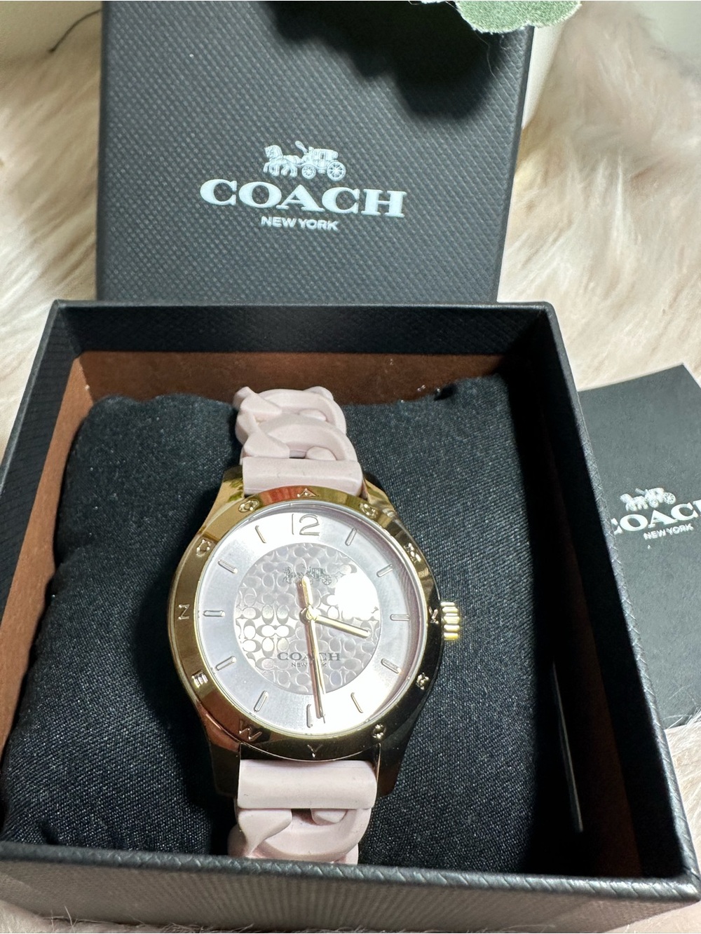 Coach Gold-Tone Case Pink Silicone Link Strap Women’s Watch